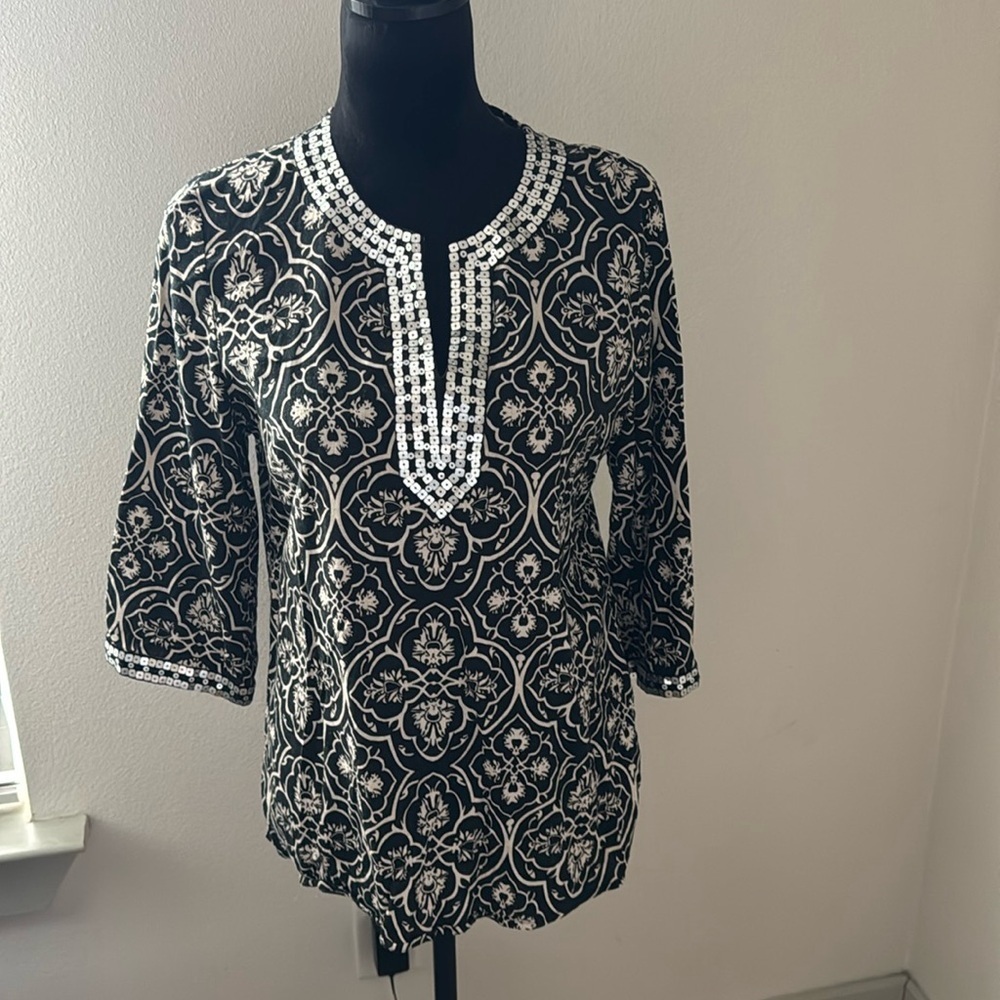 Carole Little black tan linen blend embellished boho tunic blouse Sz L
